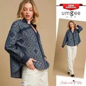 Umgee Paisley Pattern Long Sleeves Buttoned Relaxed Fit Dark Denim Shirt Jacket